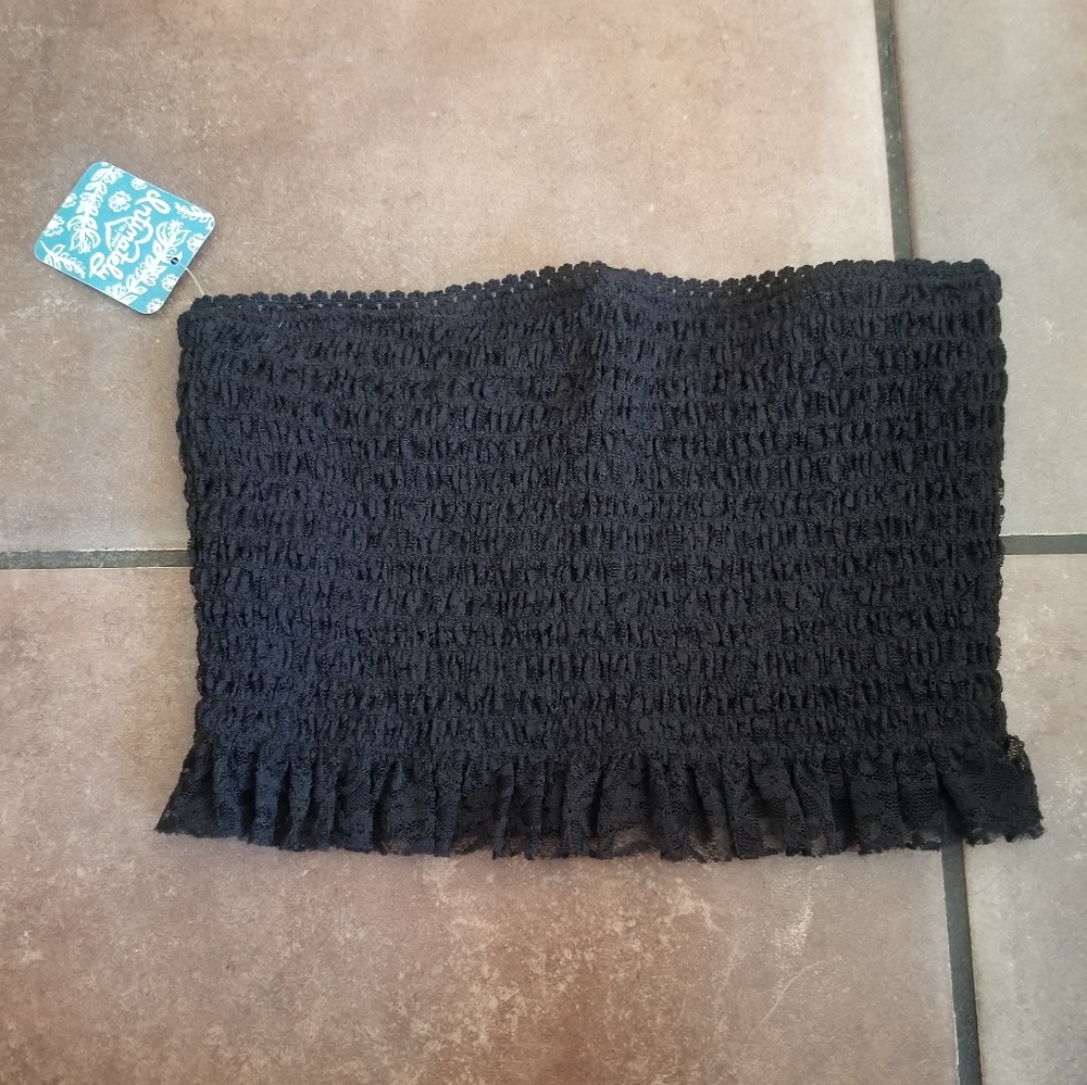 Free People Callie Smocked Bandeau Top Blk XS NWT